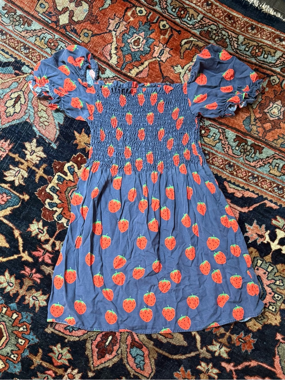 Mini Rodini Blue Strawberry Smocked Puff-Sleeve Dress Size 140/146 9-11 Years